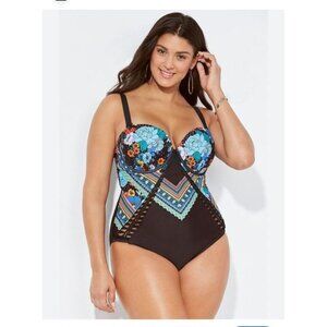 New! Swimsuits for All Black Floral Molded Cup Underwire Swimsuit Macrame Lace U